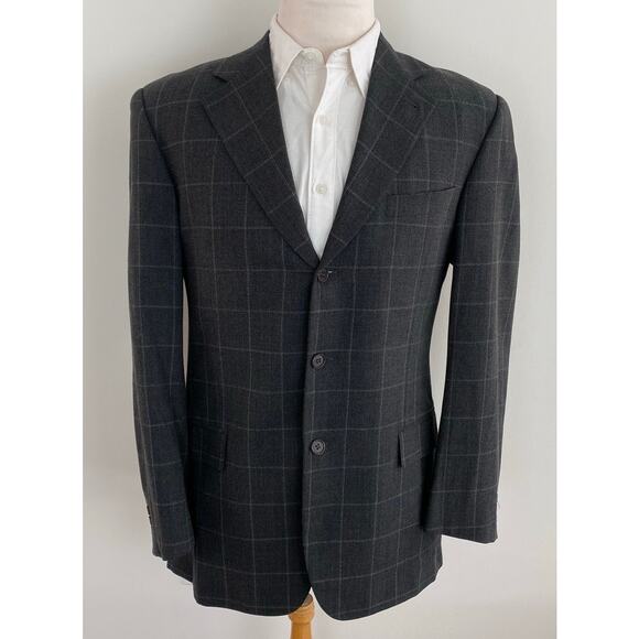 VTG Zanella Italy windowpane plaid 3-button wool suit jacket blazer coat 40L